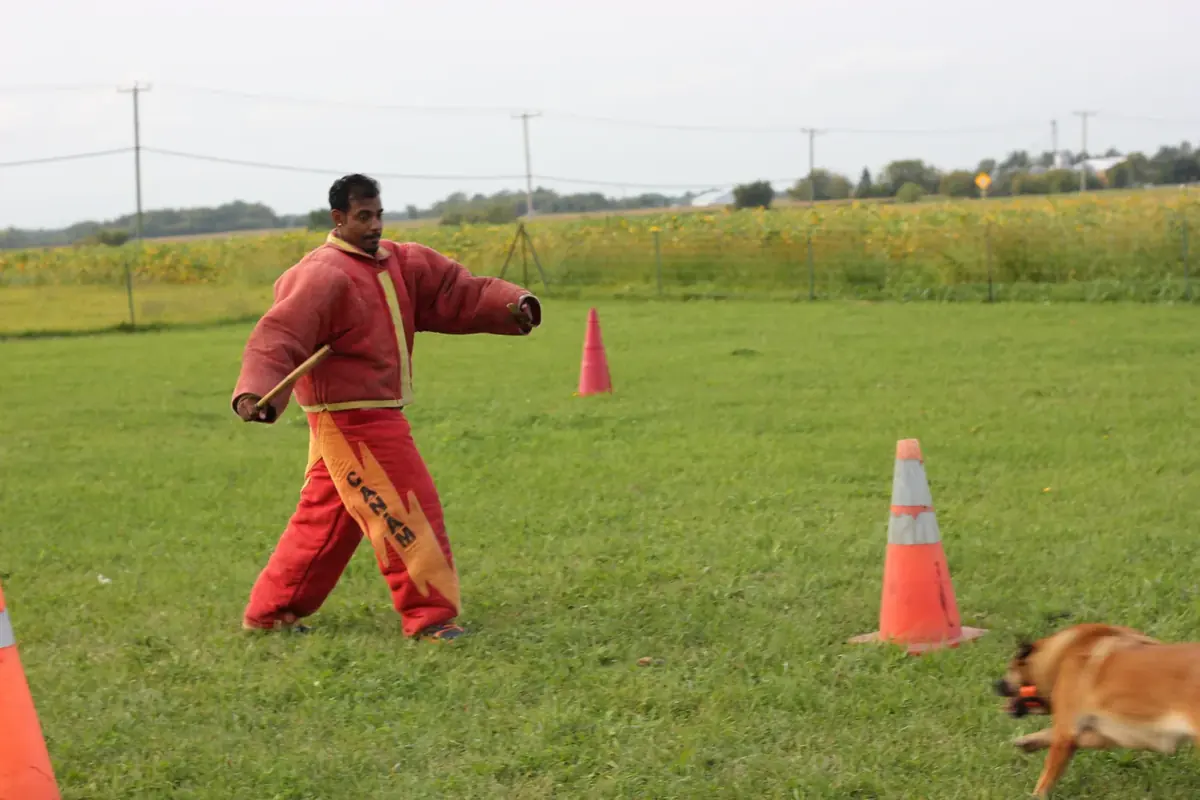 Jeremy working as a decoy in a red protection suit